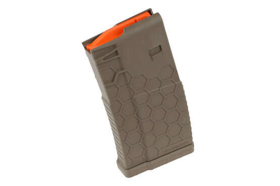 The Hexmag 20 round .308 magazine in flat dark earth is made from reinforced polymer